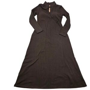 OGL Women Med Brown Maxi Dress Frog Button Keyhole Mandarin Collar Long Sleeve